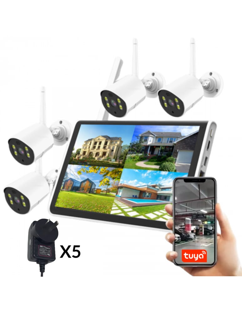 Kit 4 Camaras Wifi 2mpx Apta Exterior Ir20m Con Monitor 10" Con Nvr Tuya Smart Todo Apareado Con Fuentes