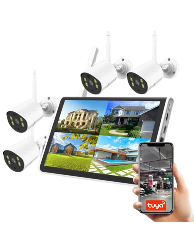 Kit 4 Camaras Wifi 2mpx Apta Exterior Ir20m Con Monitor 10" Con Nvr Tuya Smart Todo Apareado