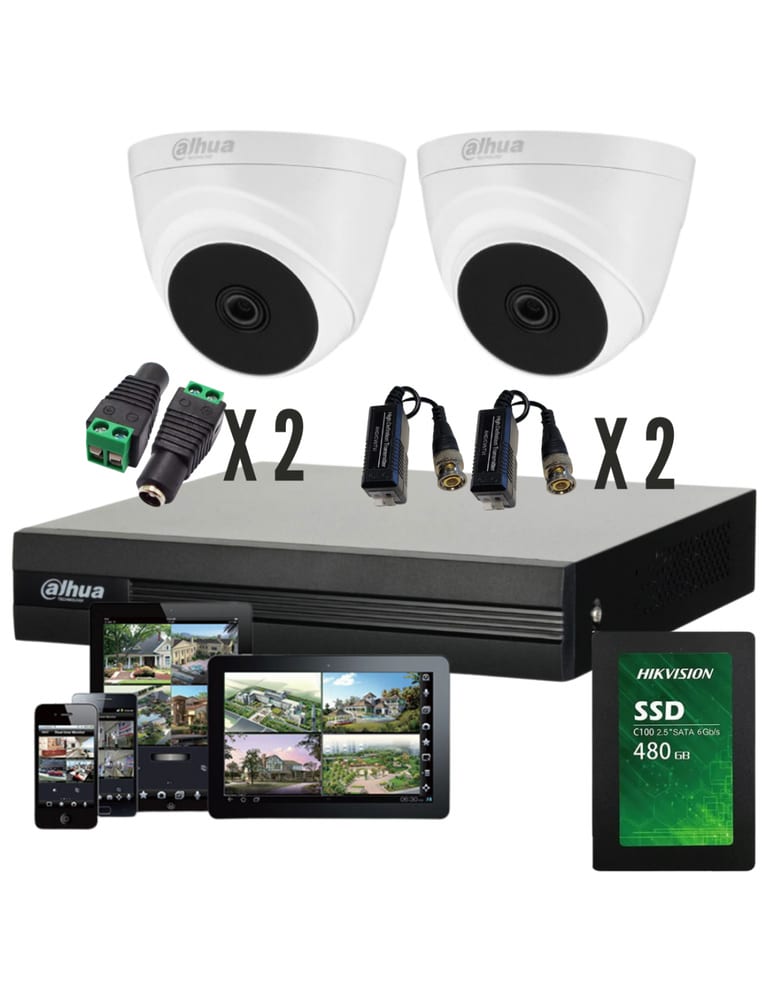 Kit De 2 Minidomos 2mpx Int Ext Metal Dvr 4ch Wizsense Inteligente Plug Baluns Fuentes Disco 480gb Ssd