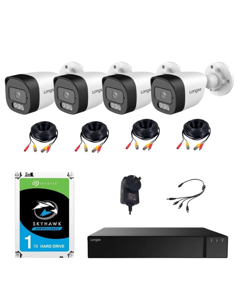 Kit De 4 Camaras 2mpx Dual Light Ext Grabador 4 Canales 5mpx Lite Cables Fuentes Hdd 1tb