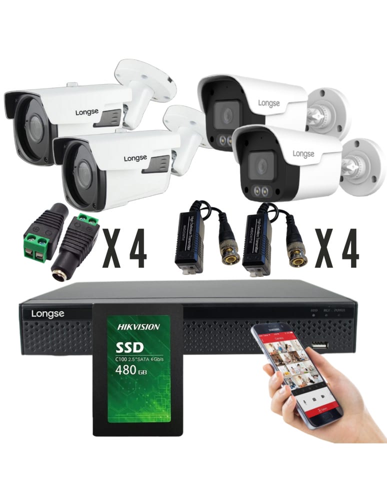 Kit De 4 Camaras 5mpx Exterior 2 Lente Fijo 2 Varifocal Dvr 4 Ch Det Humana 500gb Fuentes Baluns Plugs
