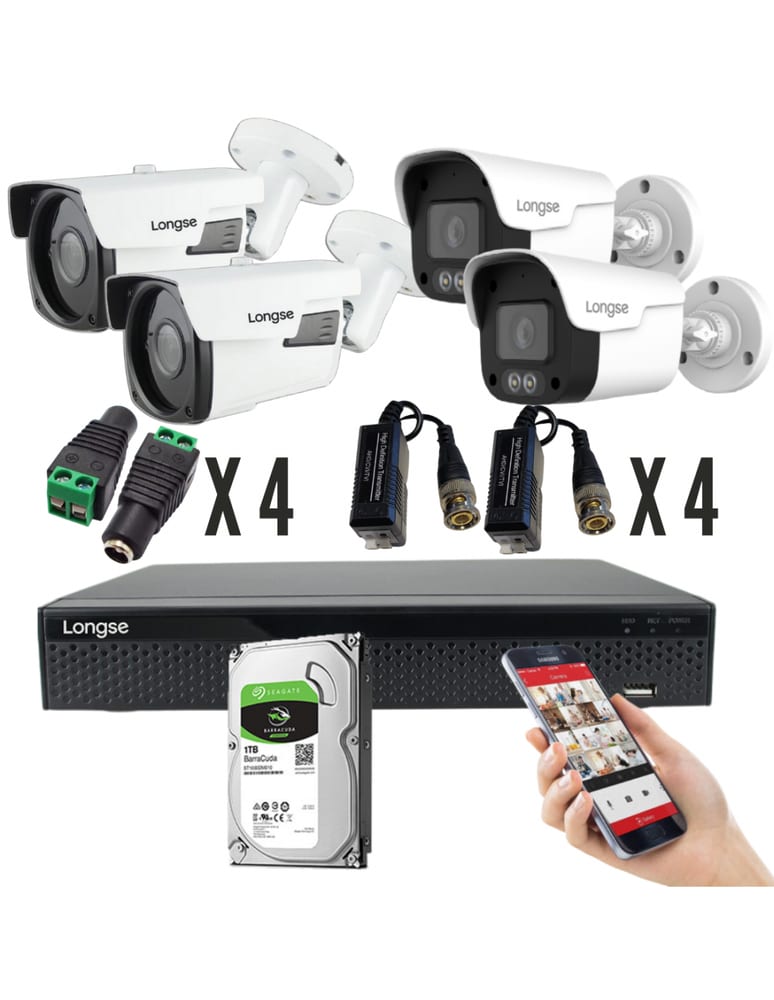 Kit De 4 Camaras 5mpx Exterior Full Color 2 Lente Fijo 2 Varifocal Dvr 8 Ch Det Humana 1tb Fuentes Baluns Plugs