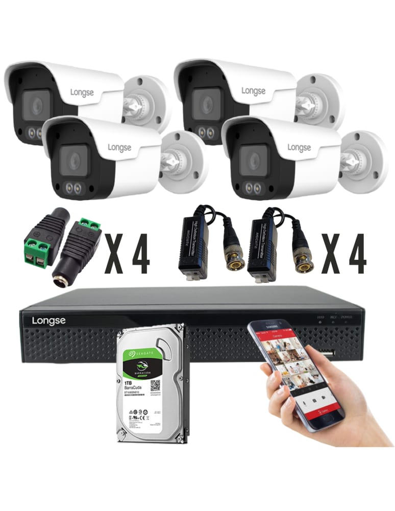 Kit De 4 Camaras 5mpx Exterior Full Color Dvr 4 Ch Det Humana 1tb Fuentes Baluns Plugs