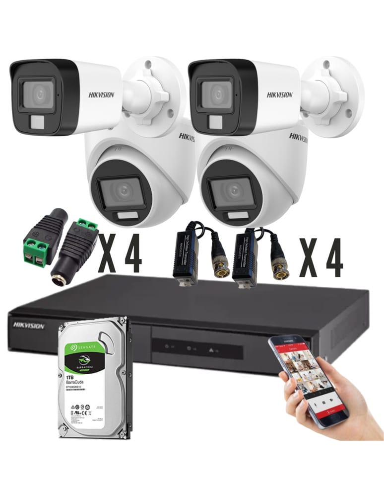 Kit De 4 Camaras Bullet Turret Dual Light 5mpx Dvr 4 Ch Acusense Exterior Audio 1tb Baluns Fuentes