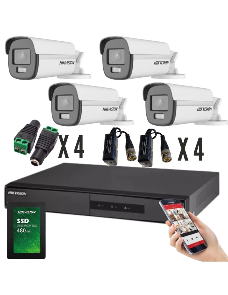 Kit De 4 Camaras Colorvu 2mpx Dvr 4 Ch Acusense Exterior 480gb Plug Balun Fuentes