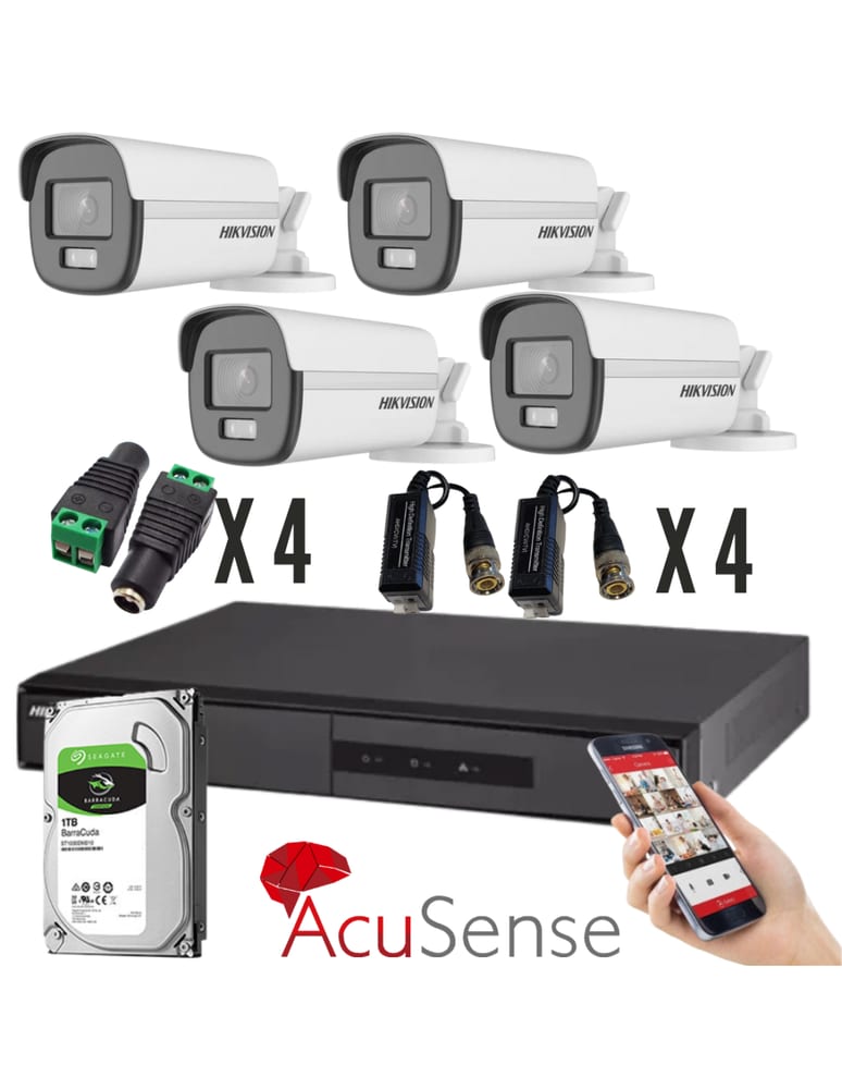 Kit De 4 Camaras Colorvu 2mpx Dvr 4 Ch Acusense Exterior 480gb Plug Balun Fuentes