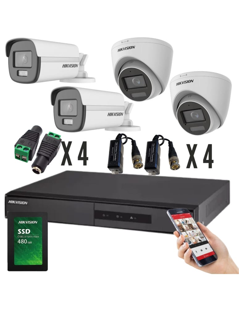 Kit De 4 Camaras Colorvu 2mpx Dvr 4 Ch Acusense Int / Ext 480gb Plug Balun Fuentes