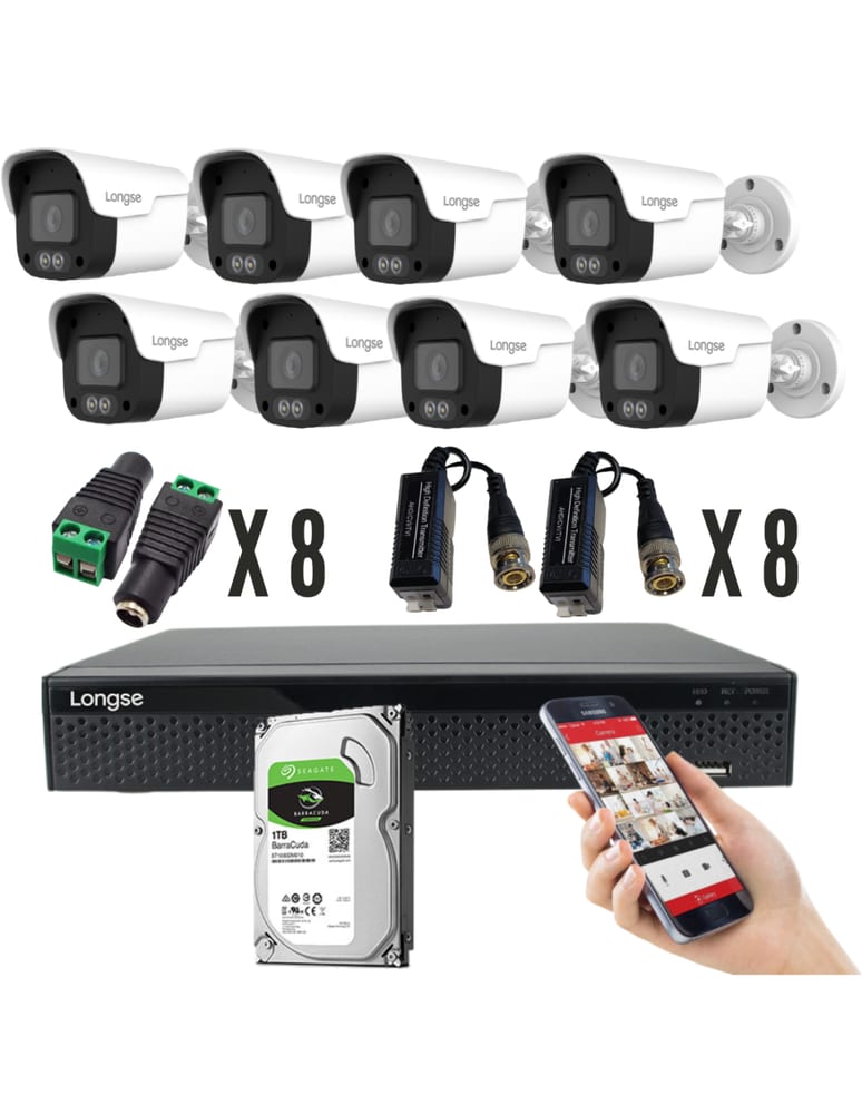 Kit De 8 Camaras 5mpx Exterior Full Color Audio Dvr 8 Ch Det Humana 1tb Fuentes Baluns Plugs