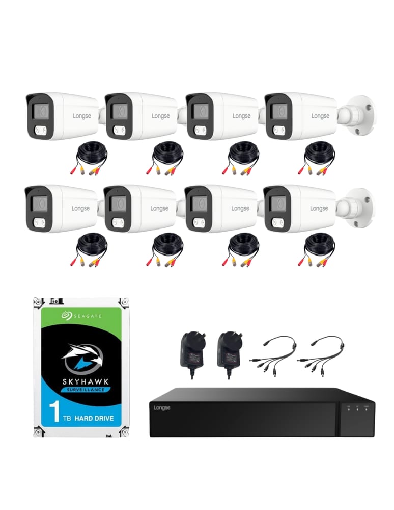 Kit De 8 Camaras Bullet 5mpx Dual Light Ext Grabador 8 Canales 5mpx Lite Cables Fuentes Hdd 1tb