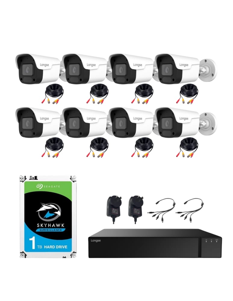 Kit De 8 Camaras Bullet 5mpx Int/ext Audio Grabador 8 Canales 5mpx Lite Cables Fuentes Hdd 1tb