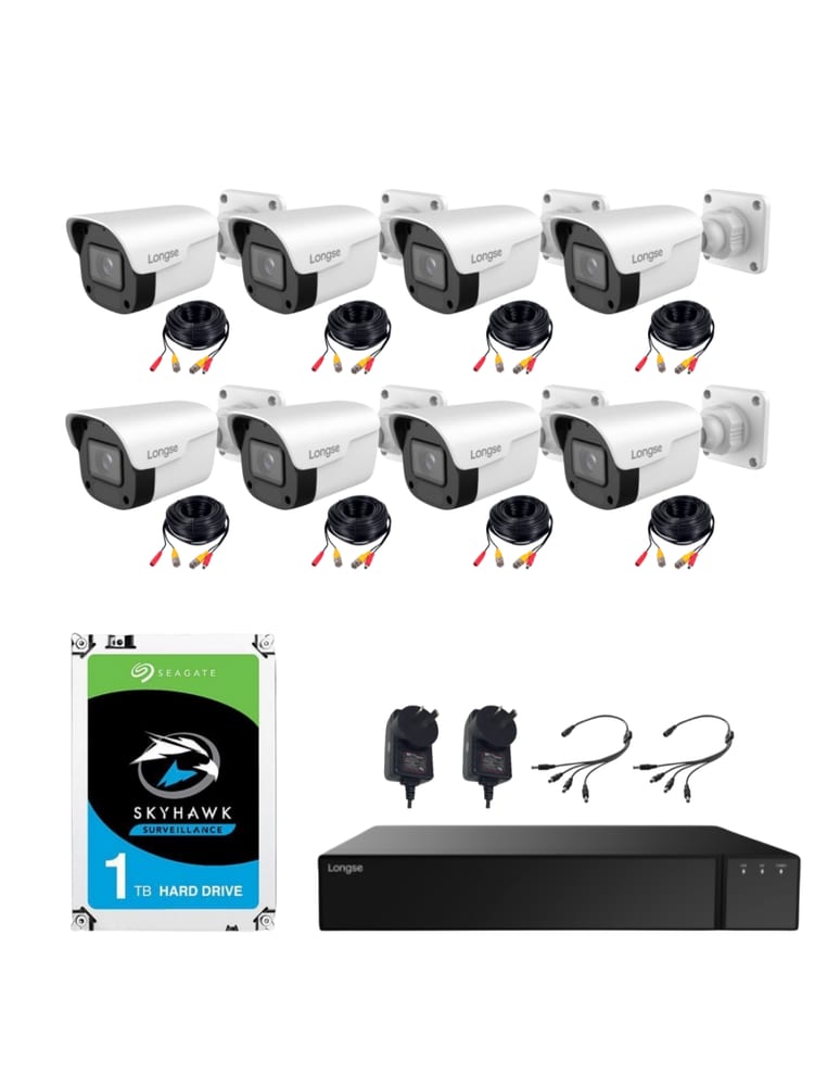 Kit De 8 Camaras Bullet Full Color 5mpx Int/ext Audio Grabador 8 Canales 5mpx Lite Cables Fuentes Hdd 1tb