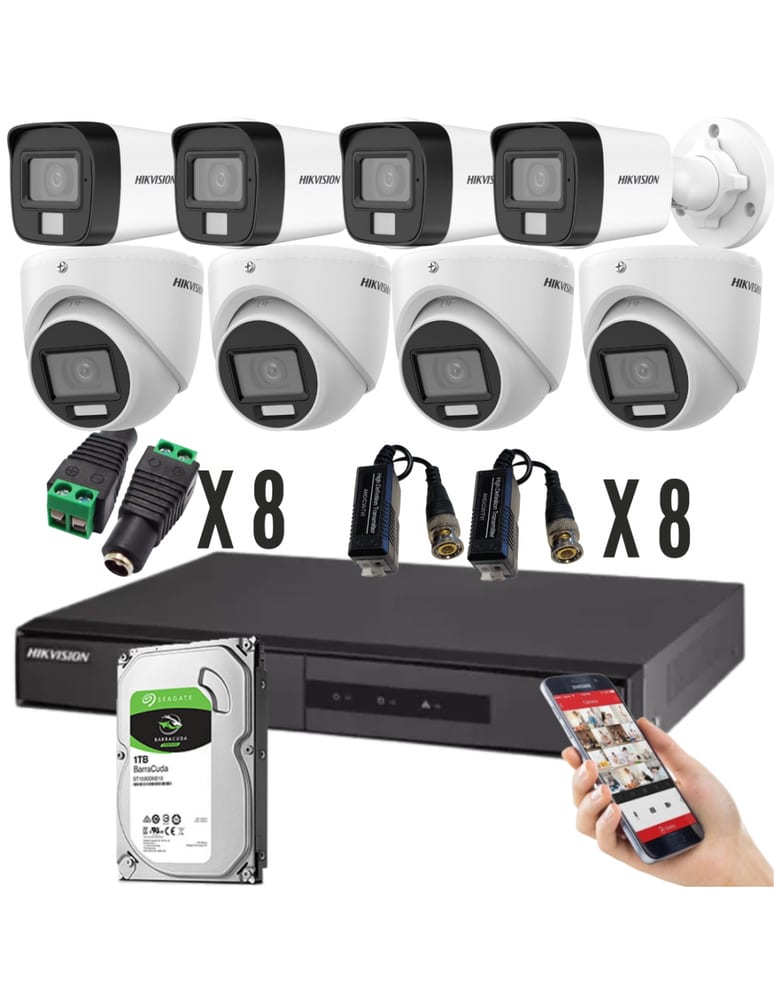 Kit De 8 Camaras Bullet Turret Dual Light 5mpx Dvr 8 Ch Acusense Exterior Audio 1tb Baluns Fuentes
