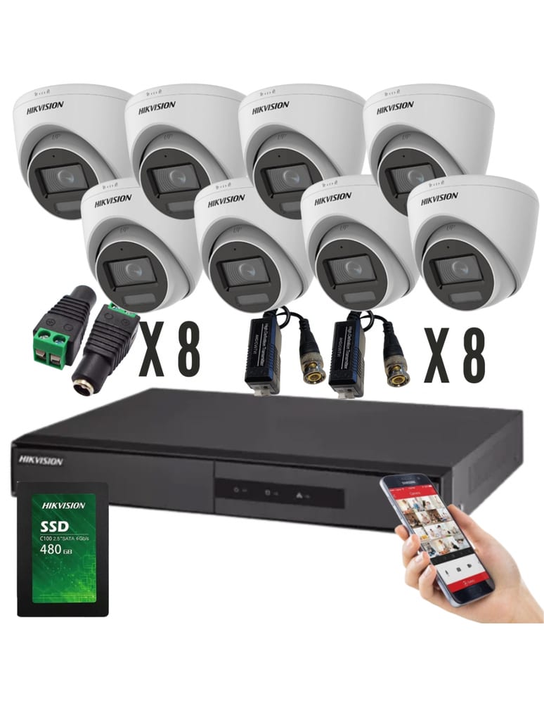Kit De 8 Camaras Colorvu 2mpx Dvr 8 Ch Acusense Exterior 480gb Plug Balun Fuentes