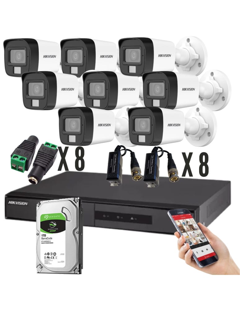 Kit De 8 Camaras Dual Light 5mpx Dvr 8 Ch Acusense Exterior Audio 1tb Baluns Fuentes