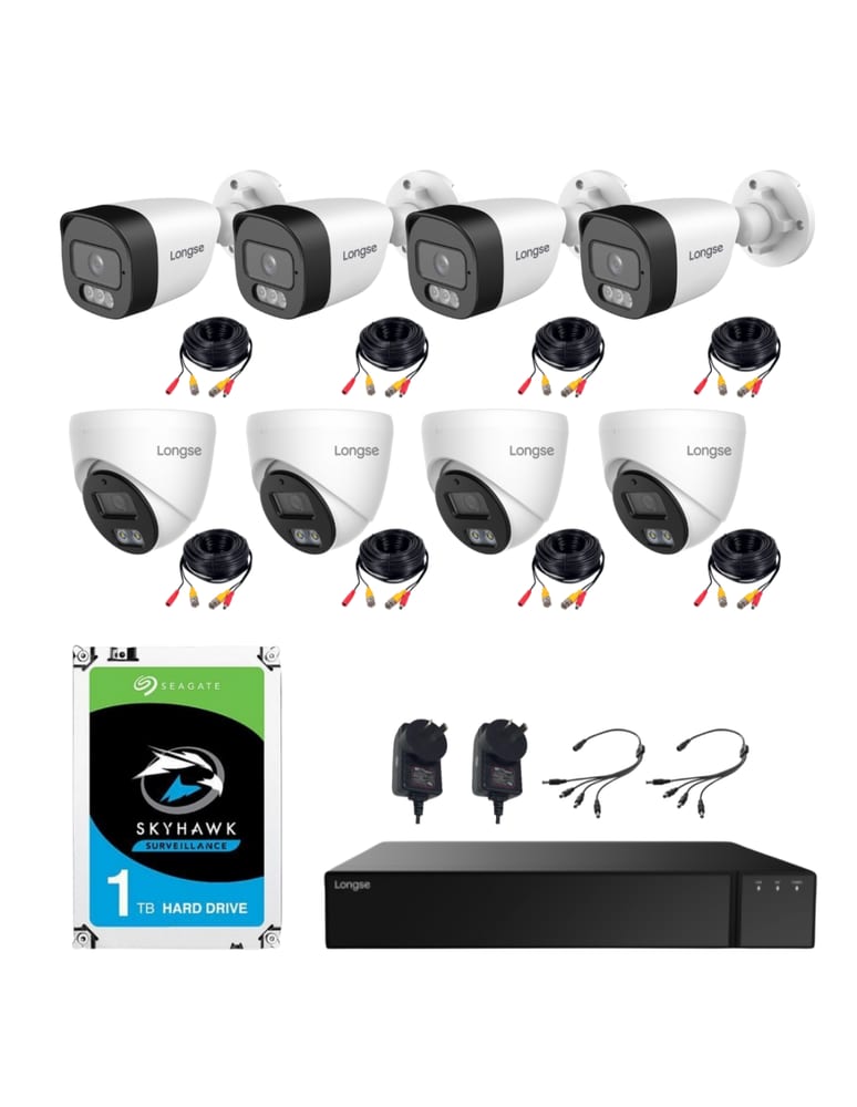 Kit De 8 Camaras Minidomo 5mpx Int Audio / Bullet 5mpx Dual Light Ext Grabador 8 Canales 5mpx Lite Cables Fuentes Hdd 1tb