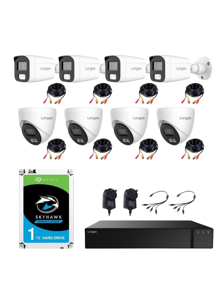 Kit De 8 Camaras Minidomo 5mpx Int Audio / Bullet 5mpx Dual Light Ext Grabador 8 Canales 5mpx Lite Cables Fuentes Hdd 1tb