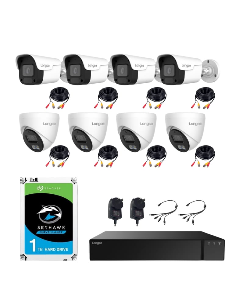 Kit De 8 Camaras Minidomo 5mpx Int Audio / Bullet 5mpx Int/ext Audio Grabador 8 Canales 5mpx Lite Cables Fuentes Hdd 1tb