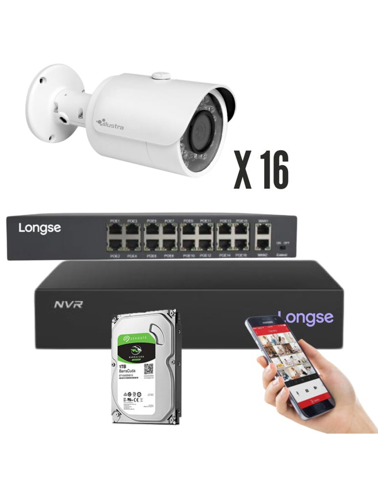 Kit De 16 Camaras Ip De 2mpx Int Ext Vision Nocturna Con Nvr De 16ch Switch Poe De 16ch Disco De 1tb