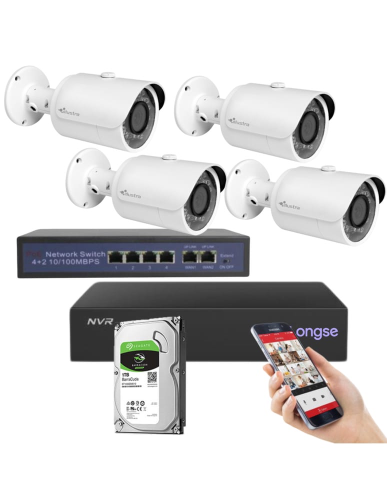 Kit De 4 Camaras De Seguridad 2mpx Ip American Dynamics Nvr Longse Disco 1tb Skyhawk Switch Poe