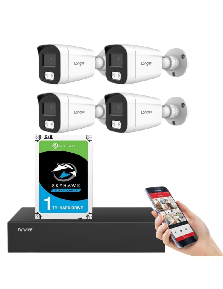 Kit De 4 Camaras De Seguridad 4k/8mpx Ip Poe Exterior Nvr 4ch Poe / 9ch Audio Deteccion Humana Disco 1tb
