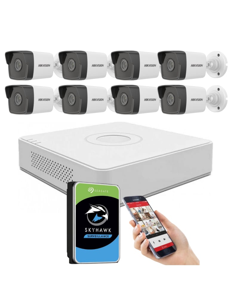 Kit De 8 Camaras De Seguridad 2mpx Ip Exterior Dual Light Nvr 8ch Hikvision Poe Disco 1tb