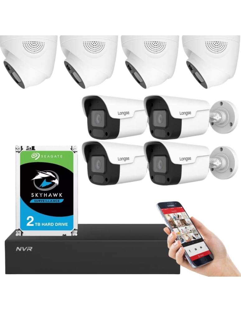 Kit De 8 Camaras De Seguridad 4mpx Ip Exterior Audio Nvr Poe Longse Disco 1tb Skyhawk