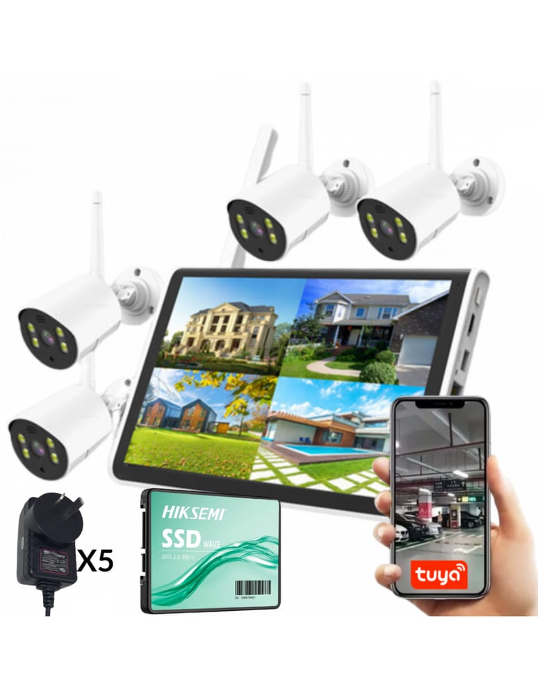 Kit 4 Camaras Wifi 2mpx Apta Exterior Ir20m Con Monitor 10" Con Nvr Tuya Smart Fuentes Disco