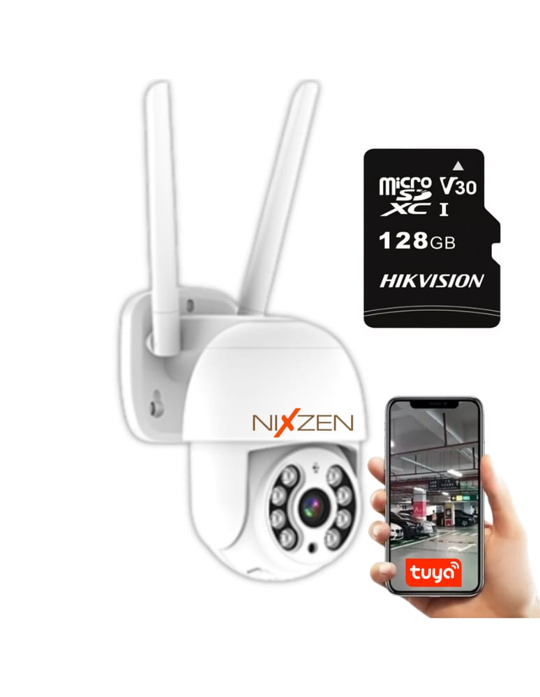 Kit Domo Ip Wifi Pan And Tilt Motorizado 3mpx Con Memoria De 128gb Autotracking P2p Exterior Slot Sd Audio App Tuya