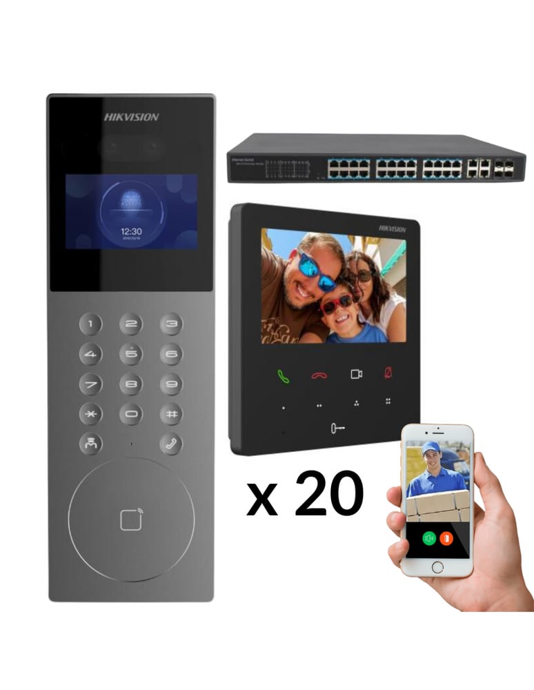 Kit Visor 20 Unidades Edificio Ip App Celular Video Color Y Audio Poe Wifi Switch Poe