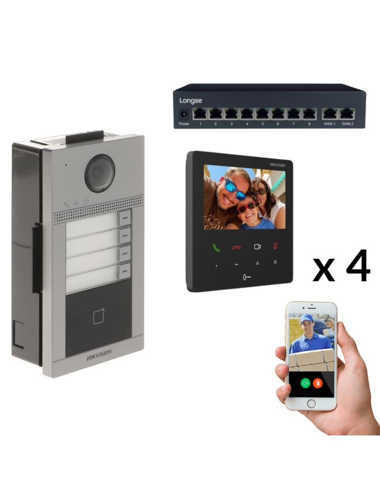 Kit Visor 4 Unidades Condominio Ip App Celular Video Color Y Audio Poe Wifi Con Switch Poe
