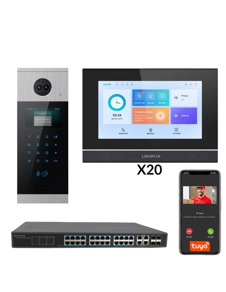 Kit Visor 7" Touch 20 Unidades Edificio Ip Frente Tarjeta App Tuya Smart