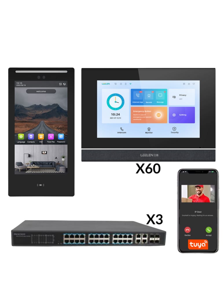 Kit Visor 7" Touch 60 Unidades Edificio Ip Frente Rostro Tarjeta App Tuya Smart